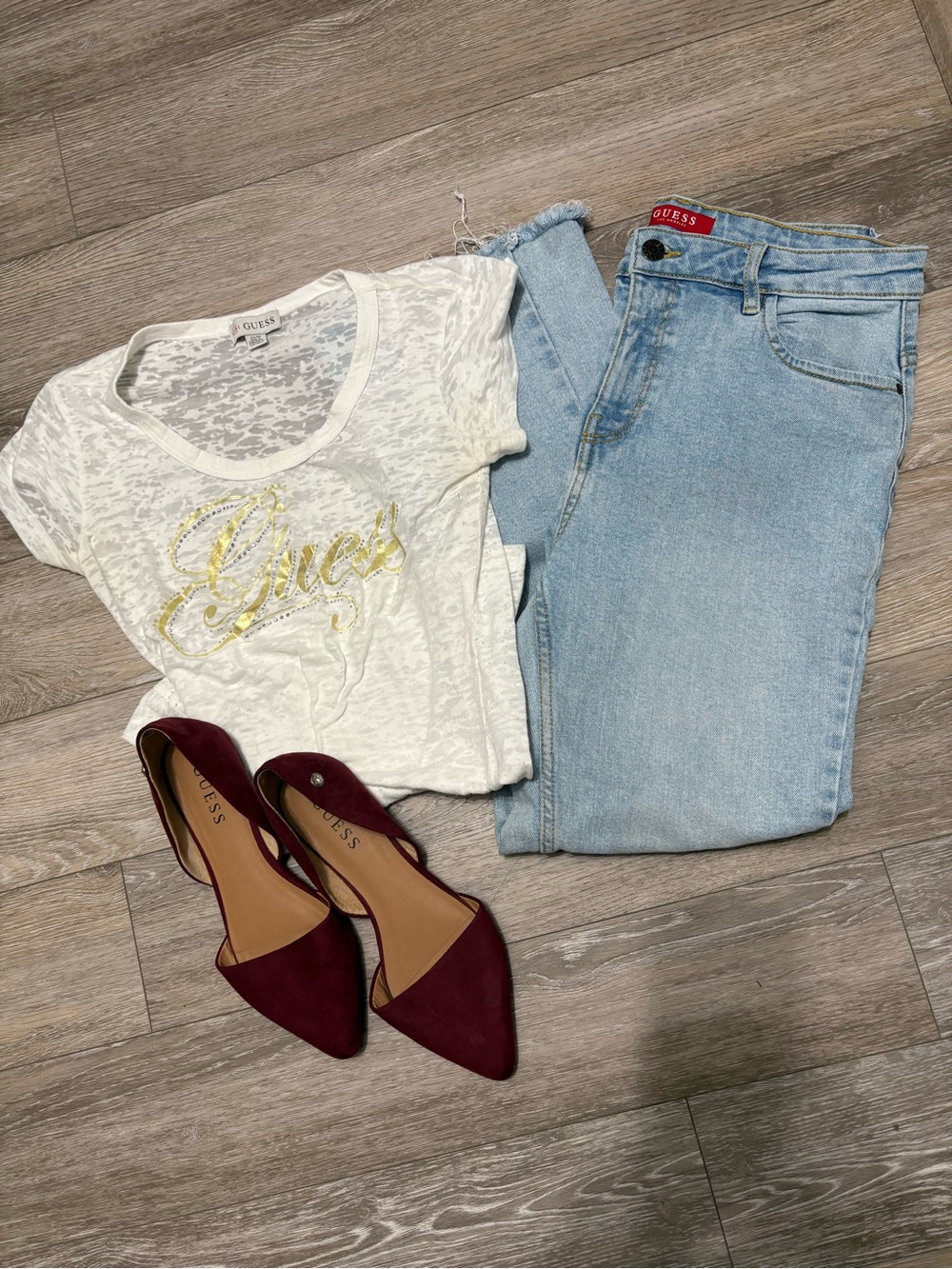 GUESS High-Rise Women's Jeans, T Shirt, Peplum Tank top & Brand New Shoes Bundle